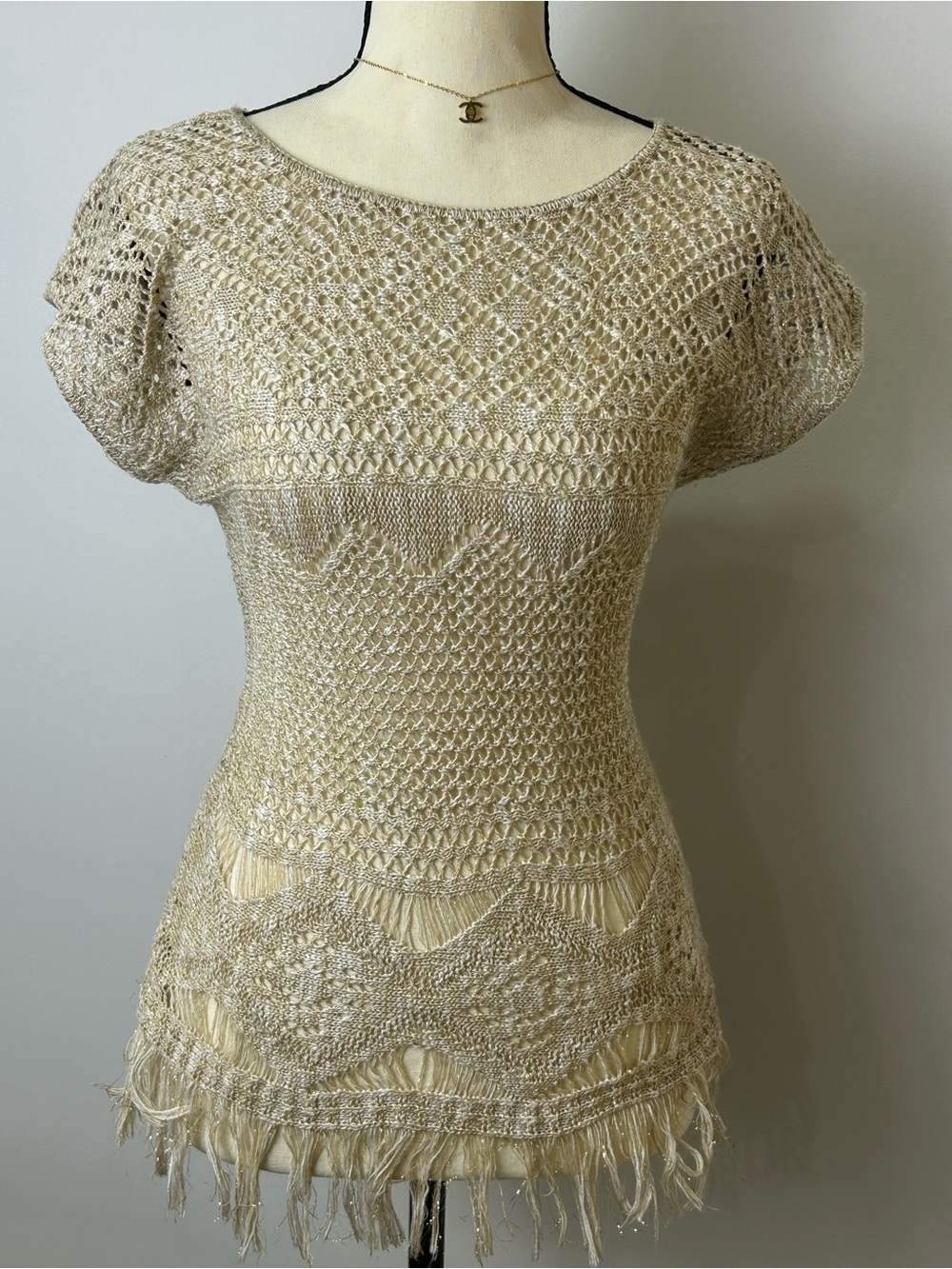 Ruby Rd. Cream Crochet Fringe Short Sleeve Tunic